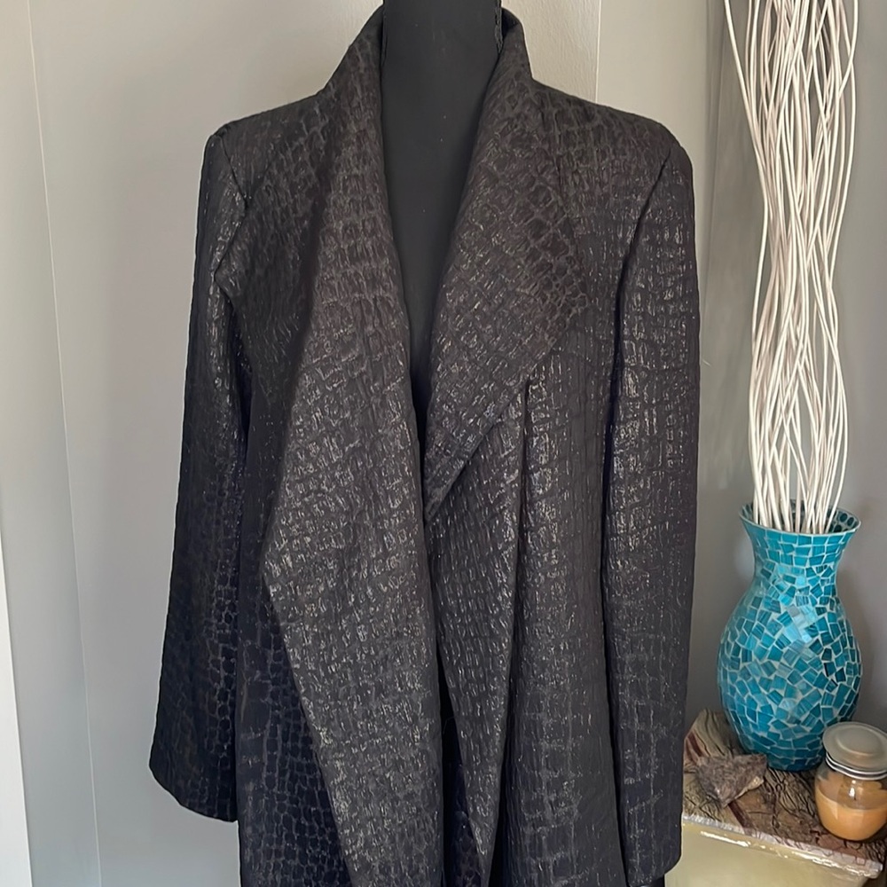 Calvin Klein Black Open Front Shimmery Textured Coat.